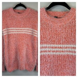 Coeur de Vague Chic Orange and White Feathered Fuzzy Striped Sweater Unisex M